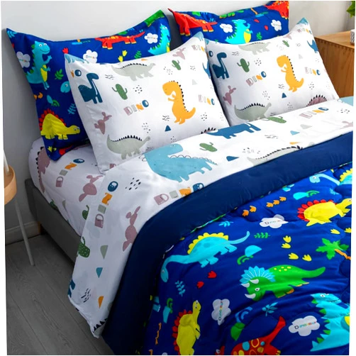 Wajade 7 Piece Kid Boys Dinosaur Comforter Set Full Size 3D Blue Dinosaur Wild Park Jungle Print Bedding Set with Comforter, Sheet Set, Pillowcase and Sham