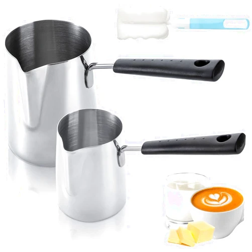 Dicunoy Set of 2 Milk Butter Warmer Pot, 12oz/22oz Turkish Coffee Pot, Stovetop Chocolate Melting Pan, Cezve Ibrik Briki Greek Arabic Coffee Maker for Maple Syrup, Sauce Heating, 18/8 Stainless Steel