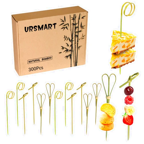 URSMART 300PCS Bamboo Cocktail Picks,Toothpicks for Appetizers 4.7Inch Appetizer Picks,Bamboo Handmade Skewers with Loop,Knot&Scissors for Appetizers,Cocktail Drinks,Barbecue(Every Style 100PCS)