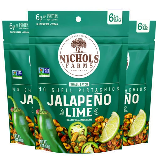 Nichols Farms Pistachios - Fresh Roasted No Shell Pistachio - Nutrient Rich Nuts Snack Packs - Non-GMO, California Grown - Healthy, Wonderful Tasting, Party Snack - (Jalapeño Lime)