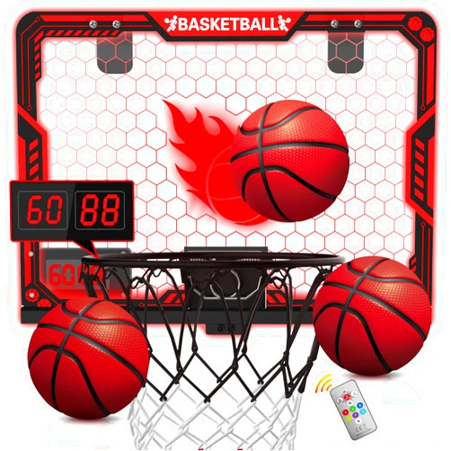 ZIZZ Indoor Basketball Hoop for Kids: Basketball Gifts for Boys 4-10 LED Light & Scoreboard Over The Door Basketball Hoop Birthday Gift for Boy Ages 5 6 7 8 9 10 11 Years Old Mini Basketball Game Toys