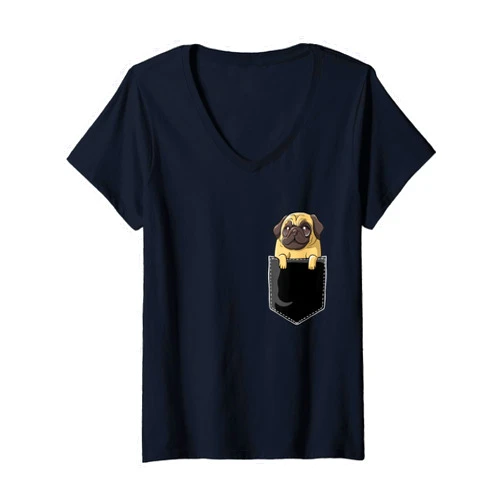 Pug Chest Pocket Funny Pug Face Carlin Pug Mom Dad Womens Pug Chest Pocket Pug Lover I Love Pugs Owners Carlino Pug V-Neck T-Shirt