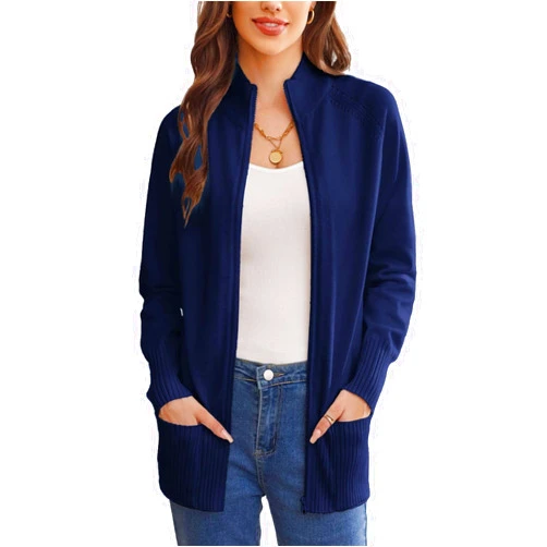 GRACE KARIN Women's Long Sleeve Zip Up Knit Cardigan with Pockets Stand Collar Full Zip Sweater Coat Lightweight
