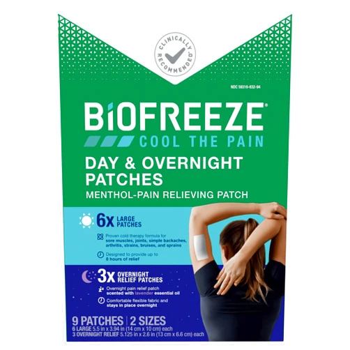 Biofreeze Day & Overnight Pain Relief Patches, Menthol Pain Patches for Arthritis & Muscle Pain Relief, Comfortable & Flexible Fabric Stays in Place, FSA/HSA Eligible, 9 Patches (6 Day, 3 Night)