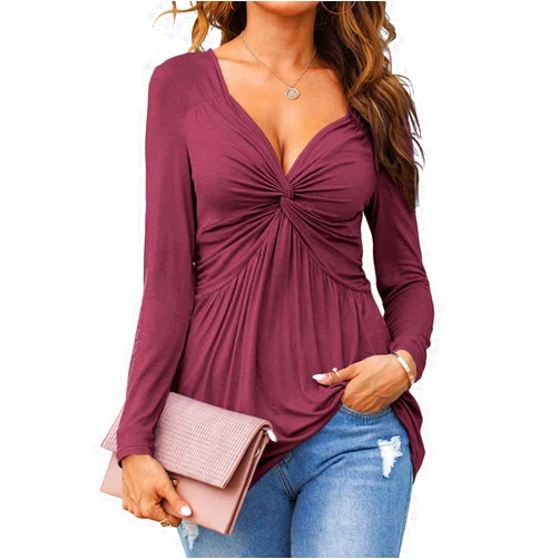 Tankaneo Women V-Neck Front Knotted Blouse Shirt Long Sleeve Elegant Casual T-Shirt Solid Color Pullover Tops