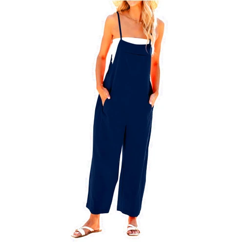 Bawilom Womens Casual Long Bib Romper Wide Leg Cotton Linen Pants Jumpsuits Baggy Spaghetti Strap Overalls with Pockets