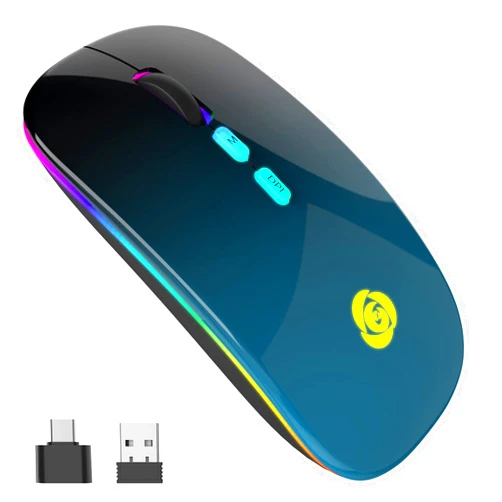 CC LED Wireless Mouse, Bluetooth Mouse &2.4GHz Instant Connection,Rechargeable Ultra Silent Slim,3 DPI 2 Connection Modes with USB-C to USB Adapter for Laptop/MacBook/PC/Tablet/iPad (Black-blue)