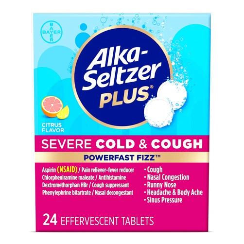 ALKA-SELTZER PLUS Severe,Cold & Cough Medicine for Adults,PowerFast Fizz Citrus Effervescent Tablets,Fast Relief of Headache,Sore Throat,Cough,Nasal & Sinus Congestion 24 Count, Packaging May Vary