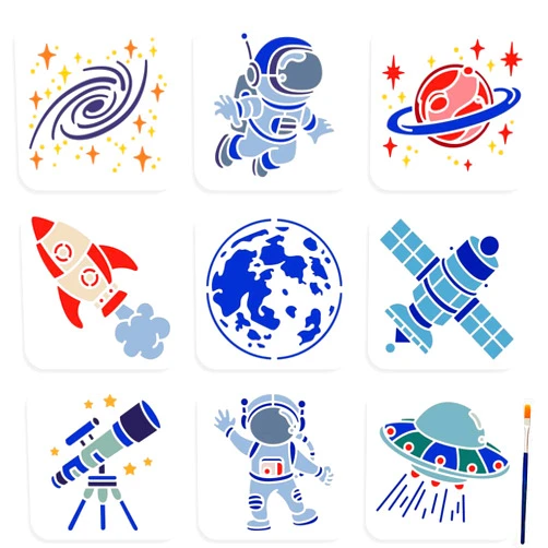 MAYJOYDIY 9pcs Space Astronaut Stencil 6×6inch Space Theme Stencils with Paint Brush Reusable Planet Rocket Telescope Spacecraft Galaxy Drawing Template for Craft Furniture Fabric Wall