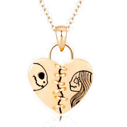 TUNWIN Nightmare Before Christmas Jack and Sally Heart Lock Couple Necklace Women Punk Jewelry (gold)