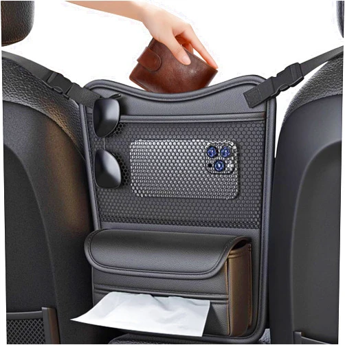 COGEEK Car Organizer Storage Between Seats, Nappa Leather Car Headrest Hanging Storage Bag Car Pocket Purse Holder Car Snack Holder Automotive Console Organizer for Travel, Driving