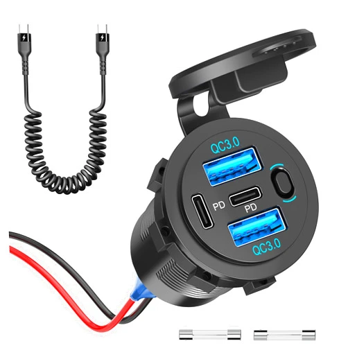 Qidoe 12V USB C Outlet 90W 4 Ports Car Charger Socket, Dual PD 36W and Dual QC 18W Car USB Port 12V Charger with Button Switch and C to C Cable, Suitable for Boat Marine Bus Truck Golf RV Motorcycle