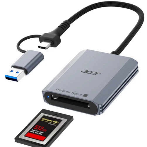 Acer CFexpress Type B Card Reader, 10Gbps USB 3.2 Gen 2 CF Express Type B Card Adapter, 2-in-1 USB-C&USB-A CFB Card Reader Compatible with iPhone 17/16/15, Laptop, MacBook Neo/Pro/Air, iPad, Android
