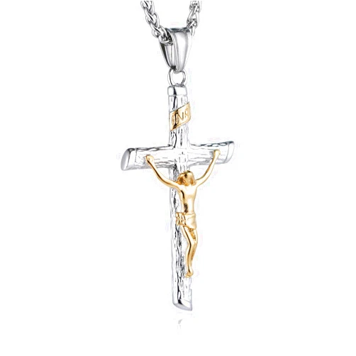 HZMAN Men Women Crucifix Cross Pendant Baptism Christian Jewelry Stainless Steel Jesus Necklace with 22+2“ Chain