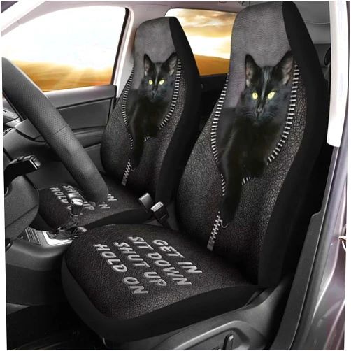 Gearider Black Bombay Cat & Zip Print Auto Seat Cover, Thin Breathable Universal Car Front Seats Accessories Interior Decor 2 Pcs