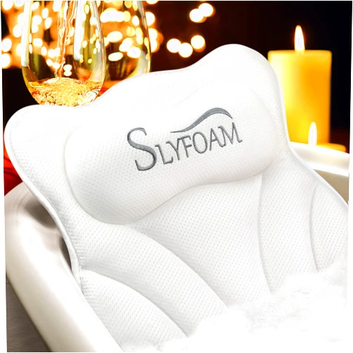 Slyfoam Bath Pillow for Tub Neck and Back Support Bathtub Pillow Essential Bath Accessory for Soaking, Jacuzzi or Spa Bathtub, Luxury Soft 4D Bath Tub Pillow with Strong Suction Cups for Body Relaxing - White