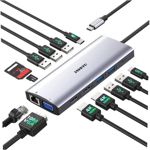 IAVKYU Docking Station 3 Monitors for Windows Laptop, USB C Docking Station with Dual HDMI 4K 60Hz, 1 VGA, 5 USB-A, 100W PD, Ethernet, Mic/Audio, SD/TF, USB Hub for Laptop for Dell XPS/HP/Lenovo/Surface