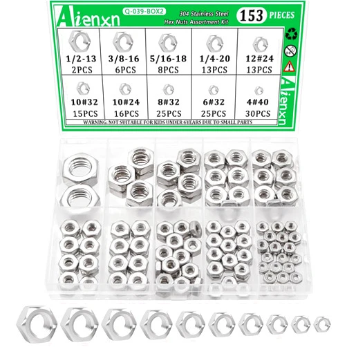 Aienxn 153PCS SAE Sizes Hex Nuts Assortment Kit, 304 Stainless Steel Hardware Nuts- 4#40, 6#32, 8#32, 10#24, 10#32, 12#24, 1/4-20, 5/16-18, 3/8-16, 1/2-13, Hex Nut Set