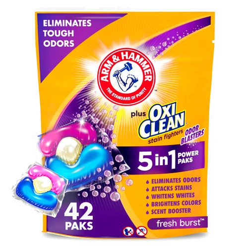 ARM & HAMMER Plus OxiClean with Odor Blasters Concentrated Laundry Detergent, 5-in-1 Laundry Stain Remover, Fresh Burst Detergent Power Paks, 42 Count Bag