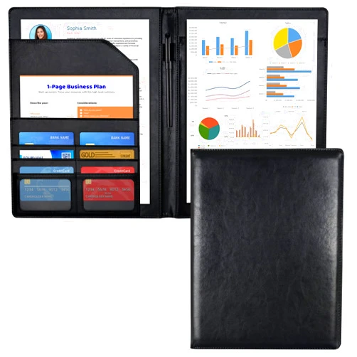 Cacturism Padfolio Portfolio Folder, Foldable Letter Size Writting Pad, PU Leather Professional Folio Organizer for Women - Resume Business Legal Document Holder for Job School Office, Black