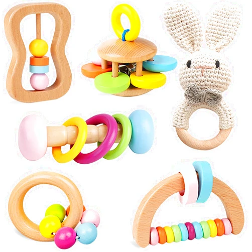 TUOWITA 6 PCS Wooden Baby Rattle, Organic Colorful Baby Hand Rattles Set, Wood Rattles for Babies 0-6-12 Months, Wooden Teether Crochet Rattle Toy for Newborn Infant, Montessori Toys for Babies 0-6 Months