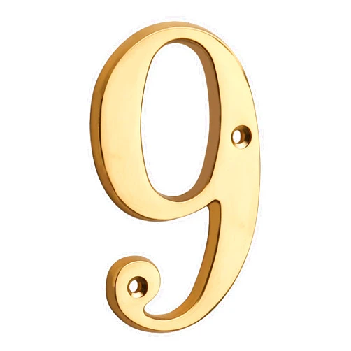 HASWARE House Number Sign 4 inch (10 cm) Polished Brass Finish Stylish Curvy Modern Door Numbers Signage Plaque Street Home Address Numerals(9, Brass)