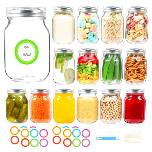 STARSIDE 16 oz Glass Mason jars with Lids,15 Pack Glass Canning Jars,Perfect Containers for Jam, Honey, Candies,Overnight Oats,Wedding Favors(Silver Lids)
