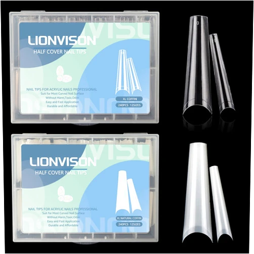 LIONVISON 480PCS Extra Long Coffin Nail Tips, 2 Packs Half Cover Natural and Clear Nail Tips for Acrylic Nails Professional, 12 Sizes Artificial XXL Long False Ballerina Nail Tips for Nail Art Salons Home DIY