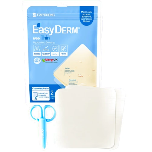 DWEasyDerm Easyderm Thin Hydrocolloid Large Wound Dressing 4”x4” 1 Pack (2 Dressings) | Waterproof, Latex-Free, Highly Absorbent Dressing for Burns, Blisters, Wound Healing with Mini Scissor