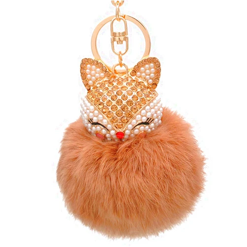 HOYUNLA Rabbit Fur Ball Pom Pom Keychain with Fox Head Inlay Pearl Rhinestone for Women Backpack Car Key Chain Decoration