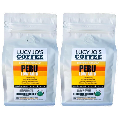 Lucy Jo's Coffee Roastery, Organic Peru Low Acid, Medium Roast, 11 oz (Ground) (Pack of 2)