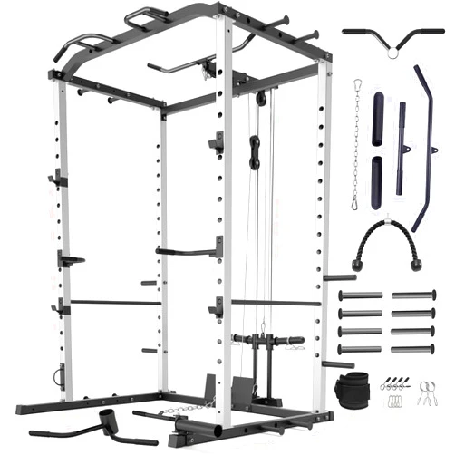 VANSWE Power Cage with LAT Pulldown Attachment, 1200-Pound Capacity Power Rack Full Home Gym Equipment with Multi-Grip Pull-up Bar, Landmine, T bar and Dip Handle