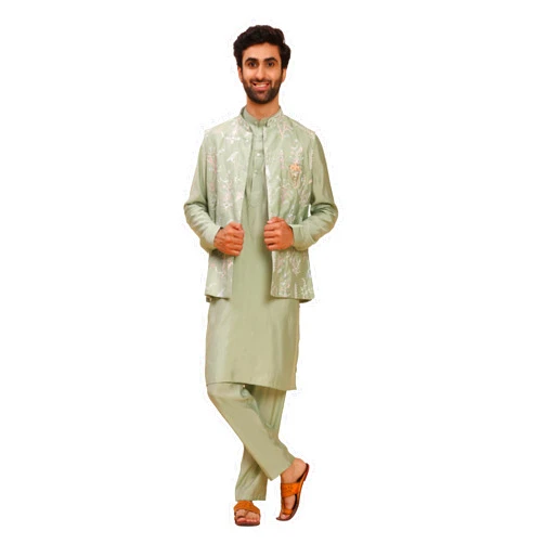 Pro-Ethic Style Developer Mens Silk Kurta Trouser Set With Embroidered Waistcoat (Nehru Jacket) (C-127)