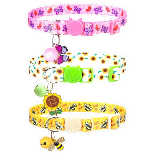VKPETFR Breakaway Cat Collars with Bell & Cute Pendants - 3 Pack Adjustable Safety Kitten Collars - Summer Decoration for Girl Boy Cats Puppy and Small Pets