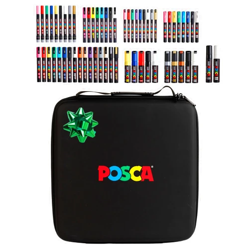 Posca Exclusive Holiday Paint Markers Gift Set of 62 with Case, Great for Kids and Adults, For Coloring Christmas Decorations, Canvas, Glass or Wood, Includes 350, 1MR, 1M, 3M, 5M, 7M, 8K, & 17K