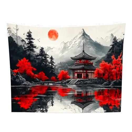 HVEST Japanese Tapestry Black and White Forest Mountain Tapestry Wall Hanging Sunset Landscape Wall Art Tapestry for Bedroom Living Room Decor, 51L x 59W Inches