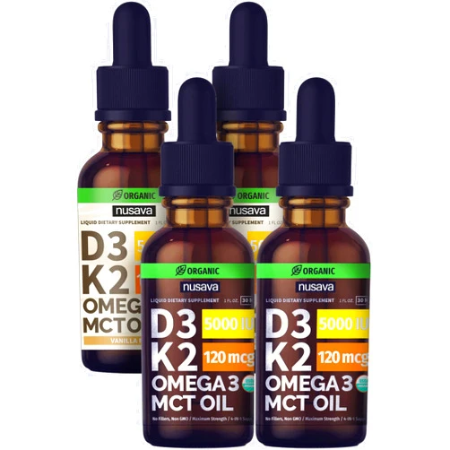 NUSAVA Unflavored D3 K2 Liquid Drops and Vanilla Flavored D3 K2 Liquid Drops Bundle - Potent Liquid Vitamins for Heart, Joint, Bone, Muscle, & Immune Support - Non-GMO, Gluten-Free, 2pk Each