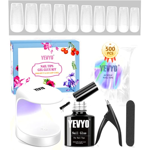YEVYO Gel x Nail Kit, Gel Extension Nail Kit with 500Pcs Square Nail Tips Full Matte, Nail Lamp, 5 In 1Nail Glue, Nail File and Nail Clipper, Nail Tips and Glue Gel Kit for Easy DIY Nail Extensions