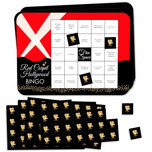 Big Dot of Happiness Red Carpet Hollywood - Award Show Bingo Cards and Markers - Movie Night Party Bingo Game - Set of 18