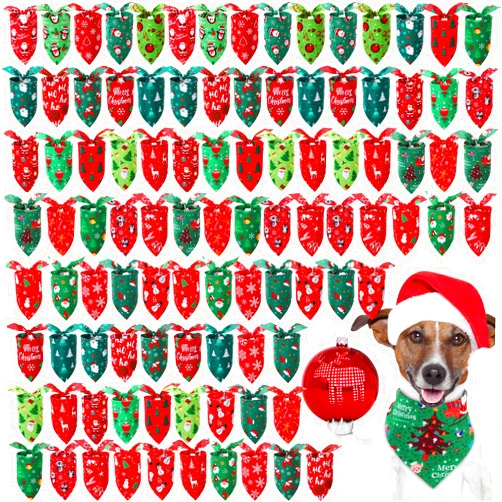 Preboun 100 Pieces Christmas Dog Bandanas Bulk Xmas Holiday Bandanas for Dogs Xmas Green and Red Kerchief Set for Christmas Puppy Small to Large Pets Costume Accessories