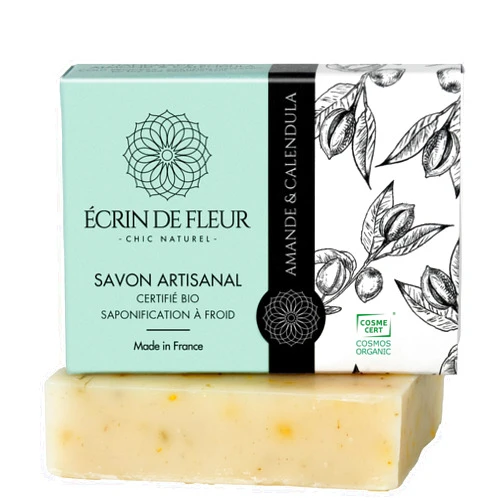 ÉCRIN DE FLEUR Almond & Calendula Soap Bar, French Artisnal Fine Soap, for Sensitive and Delicate Skin, Unscented, for Face, Body and Hands Wash, 3.2 oz