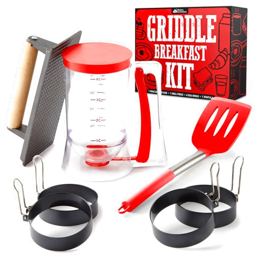 Modern Innovations Griddle Breakfast Kit Accessories - Pancake Batter Dispenser for Griddle, Cast Iron Grill Press for Bacon, 4 Egg Rings/Pancake Molds and Spatula, Compatible With Blackstone Griddles