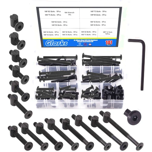 Glarks 141Pcs M6x15/ 20/25/ 30/35/ 40/45/ 50/55/ 60/65/ 70/75/ 80mm Baby Bed Crib Screws Hardware Replacement Kit, Black Hex Socket Cap Bolts Screws and Nuts Assortment Kit with a Allen Wrench
