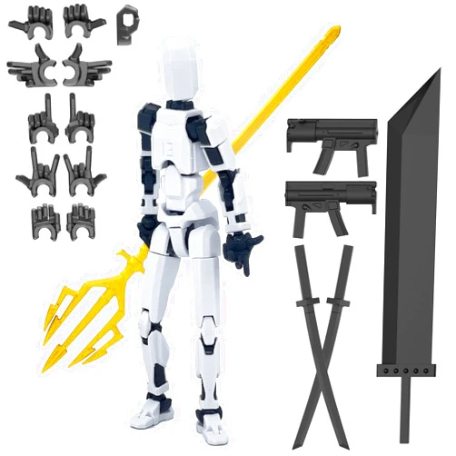 Deeplus (Assembly Completed) Titan 13 Action Figure, T13 Action Figure Robo 13 with Golden Giant Fork Weapon Giant Sword 3D Printed Dummy 13 Lucky 13 Multi-Jointed Movable Nova 13 Toy, (White)