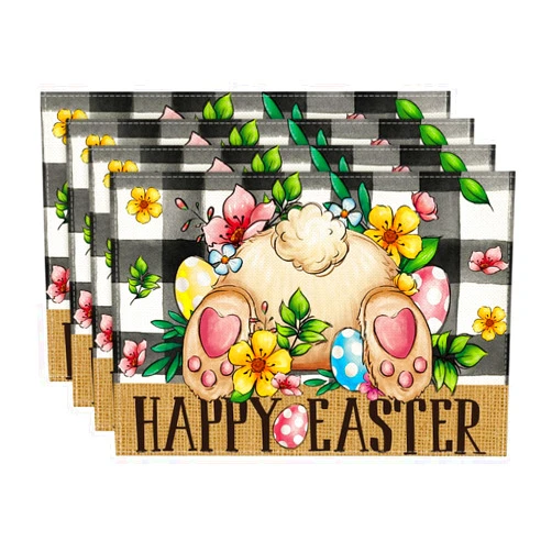 Artoid Mode Buffalo Plaid Bunny Egg Flowers Happy Easter Placemats Set of 4, 12x18 Inch Spring Seasonal Table Mats for Party Kitchen Dining Decoration