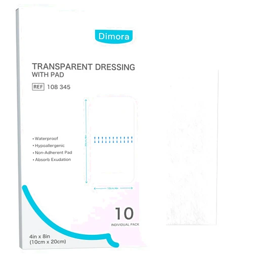 Dimora Waterproof Transparent Film Dressing with Pad, Large Clear Bandage Tape for Wound Care, Adhesive Post Surgical Cover Pad，for IV Shield, Tattoo Aftercare, Shower Protector 4x8 inch 10 Packs