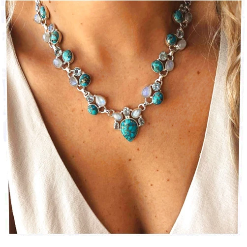LIUBAI 925 Sterling Silver Dyed Turquoise Chain Necklace Pendant Charm Natural Stone Wood Bracelet Bead Beadsed Fine Jewelry For Women Gifts For Her
