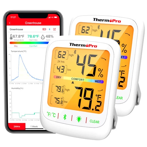 ThermoPro Bluetooth Hygrometer Thermometer, 260FT Wireless Remote Temp and Humidity Meter, with Large Backlit LCD, Data Storage and Export, Temperature and Humidity Monitor, Max Min Records, 2 Pack