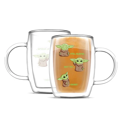 JoyJolt Awake! Grogu Coffee Mug Set of 2 Double Wall Mug. 13.5oz Large Espresso, Cappuccino or Latte Cup. Mandalorian Star Wars Mugs, Insulated Coffee Mug, Clear Glass Cups Coffee Cup Set