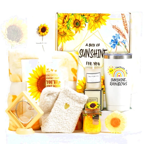 Mollywatr Sending Sunshine Gifts for Women, Care Package for Women, 9 Pcs Sunflower Gifts, Get Well Soon Gifts Basket, Unique Birthday Gifts Box with Inspirational Blanket Candle for Women, Her, Mom, Wife
